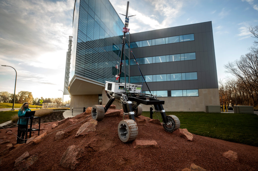 The Michigan Mars Rover team tests their Mars Rover on the Mars Yard outside of the Ford Robotics Institute at the University of Michigan in Ann Arbor, MI.